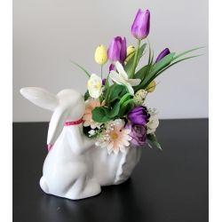 STROIK WIOSNA Ceramiczny BIAŁY ZAJĄC z kwiatami odc. FIOLET BIEL